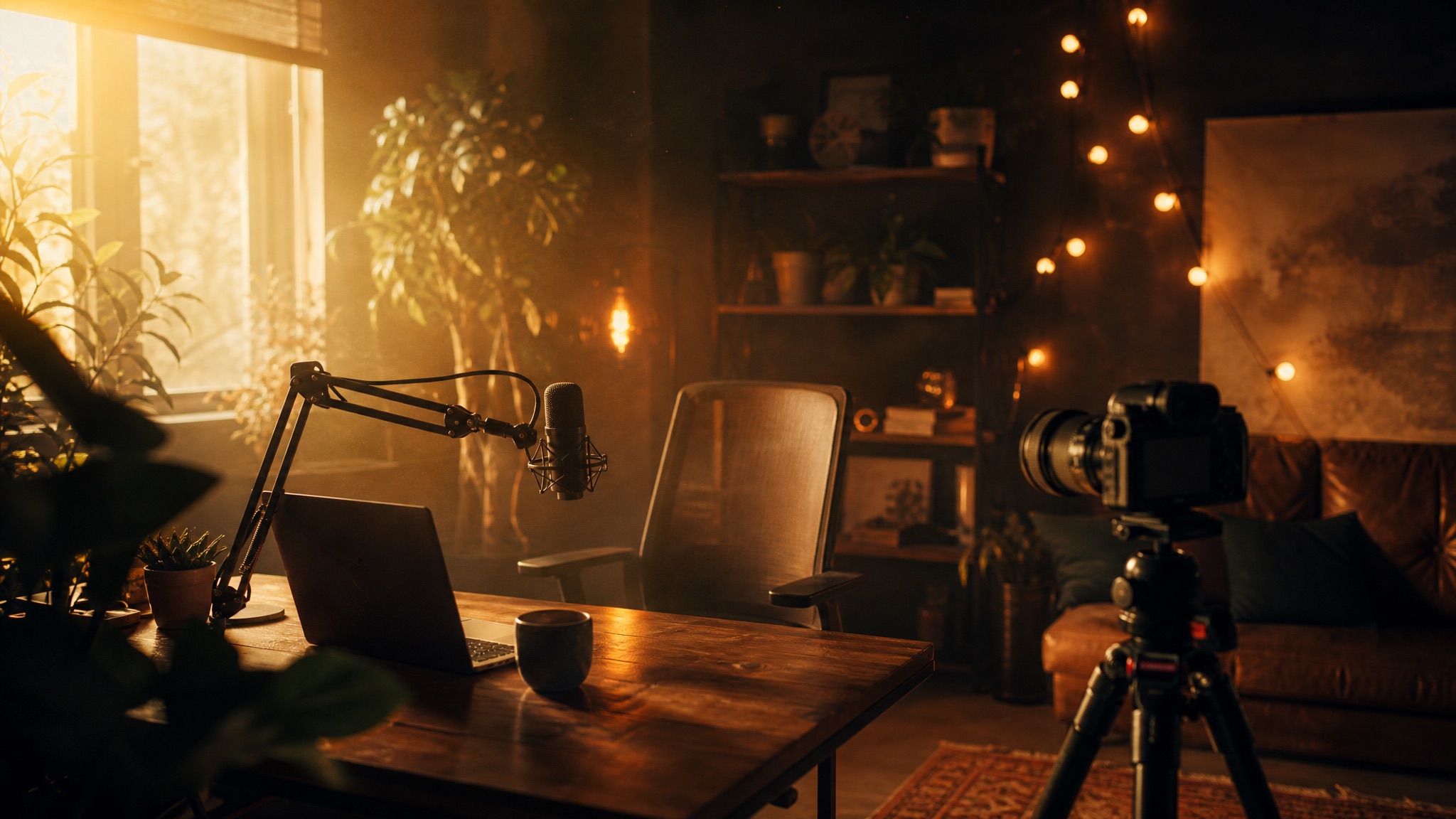 A warm, lived-in creator studio at golden hour